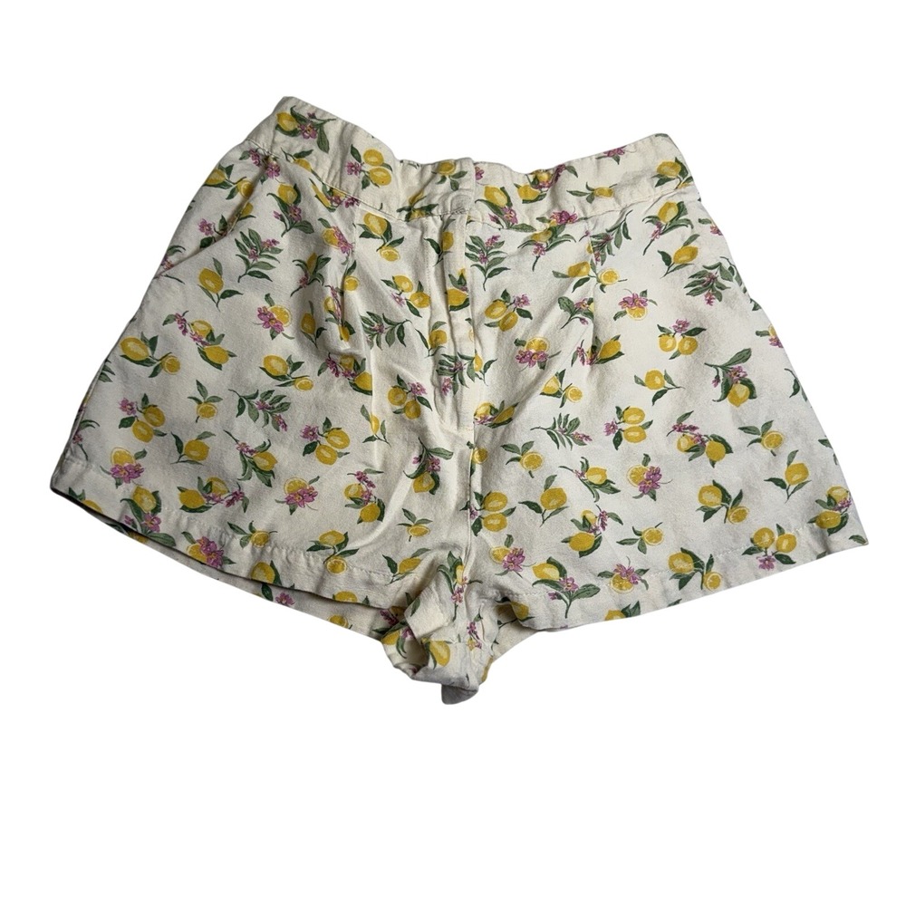 Midnight Sky Lemon Print Shorts Women Medium Cream Linen Blend HighRise